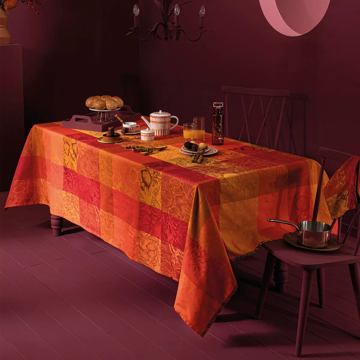 Tischwäsche set reine baumwolle jacquard-muster rot orange Mille senteurs epices
