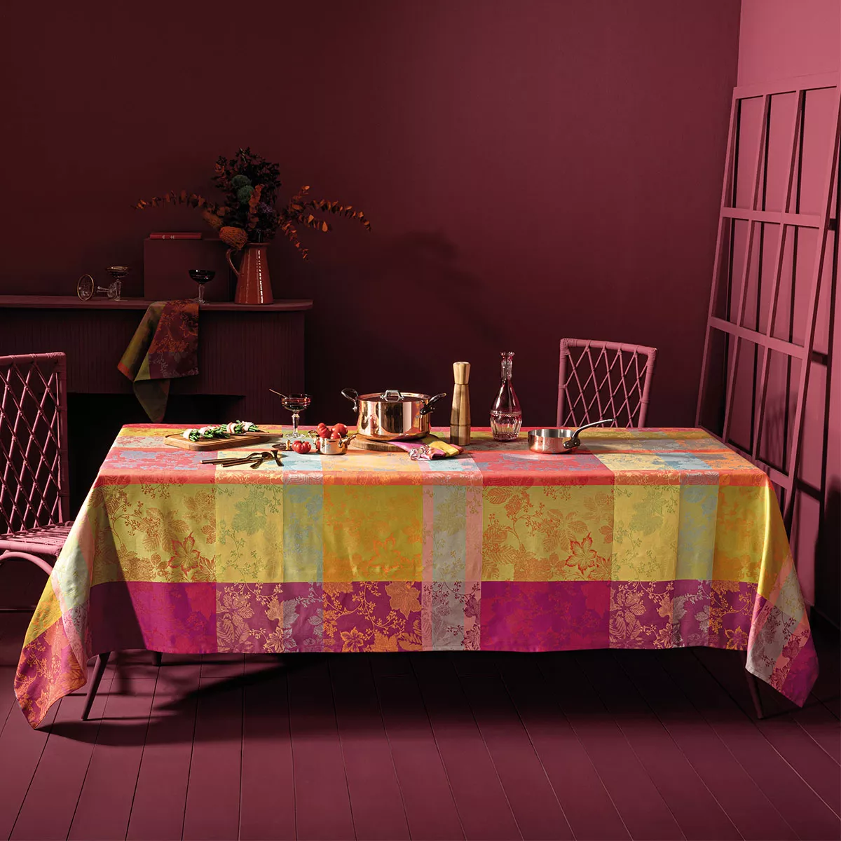 Tischwäsche set reine baumwolle jacquard-muster orange winrot Mille sous bois automne