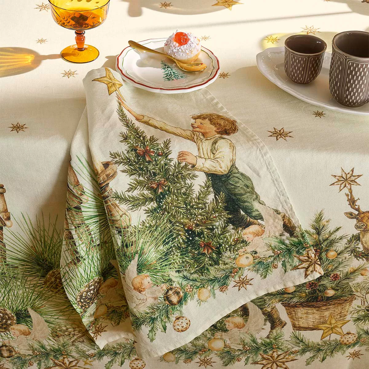 Serviette halbleinen vorgewaschen 150 g/m² bedruckt grün beige Noel vintage dore