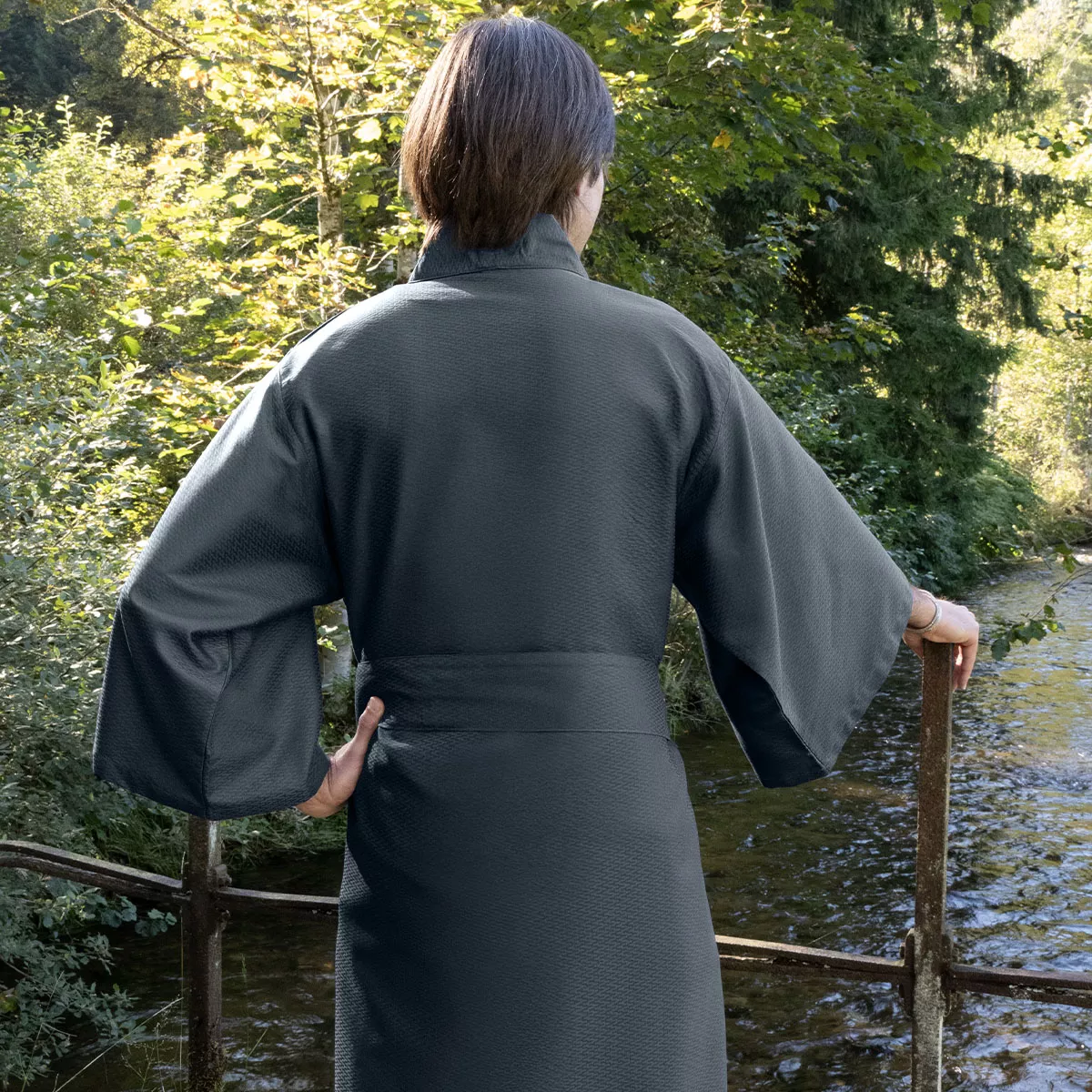 Kimono long baumwollsatin jacquard-muster blau Vibrato bleu nuit