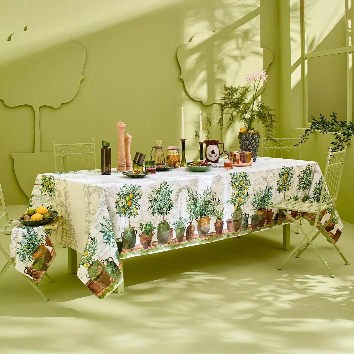 Tischdecke halbleinen vorgewaschen 190 g/m² bedruckt kastanienbraun grün Jardin provencal olive