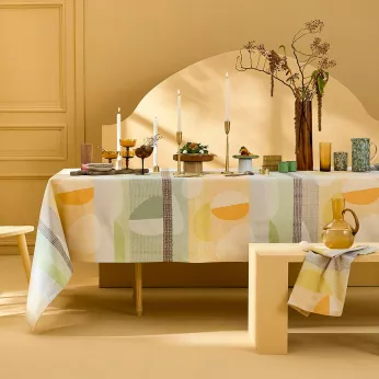 Tischdecke reine baumwolle 205 g/m² jacquard-muster grün orange Mille galets terre cuite