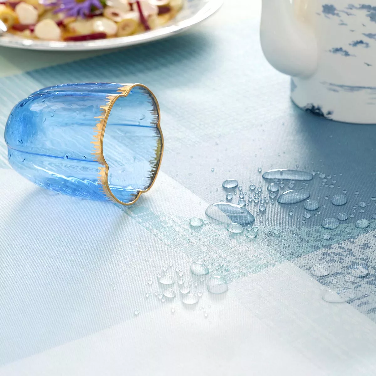 Tischdecke reine baumwolle beschichtet 220 g/m² jacquard-muster grün blau Mille textures bleu