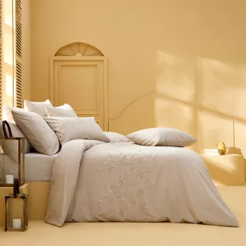 Bettbezug reine baumwolle vorgewaschen tissé teint brodé beige Monnaie du pape naturel