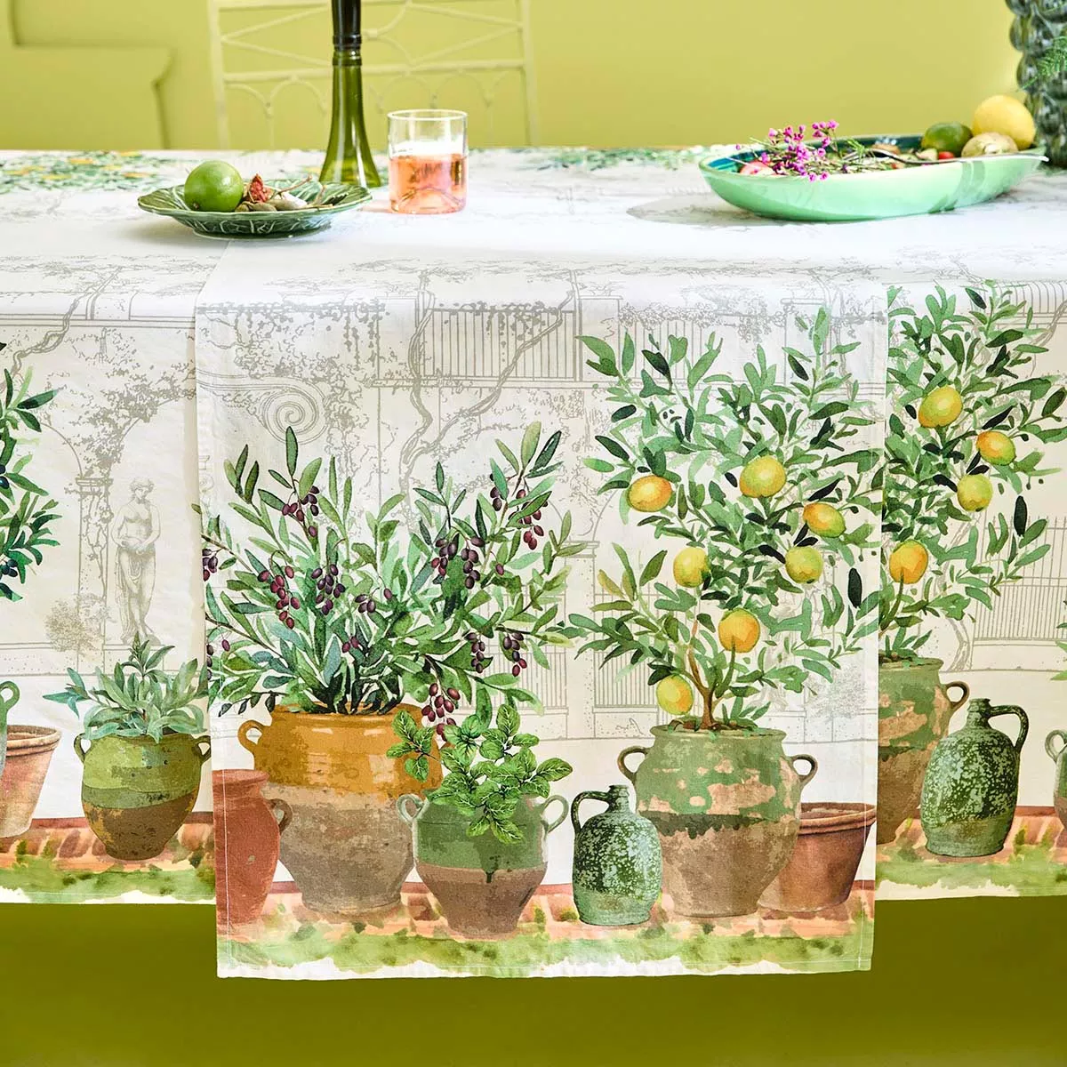 Tischläufer halbleinen vorgewaschen 190 g/m² bedruckt kastanienbraun grün Jardin provencal olive