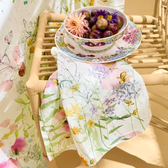 Serviette halbleinen vorgewaschen 150 g/m² bedruckt grün rosa Rosee du matin printemps