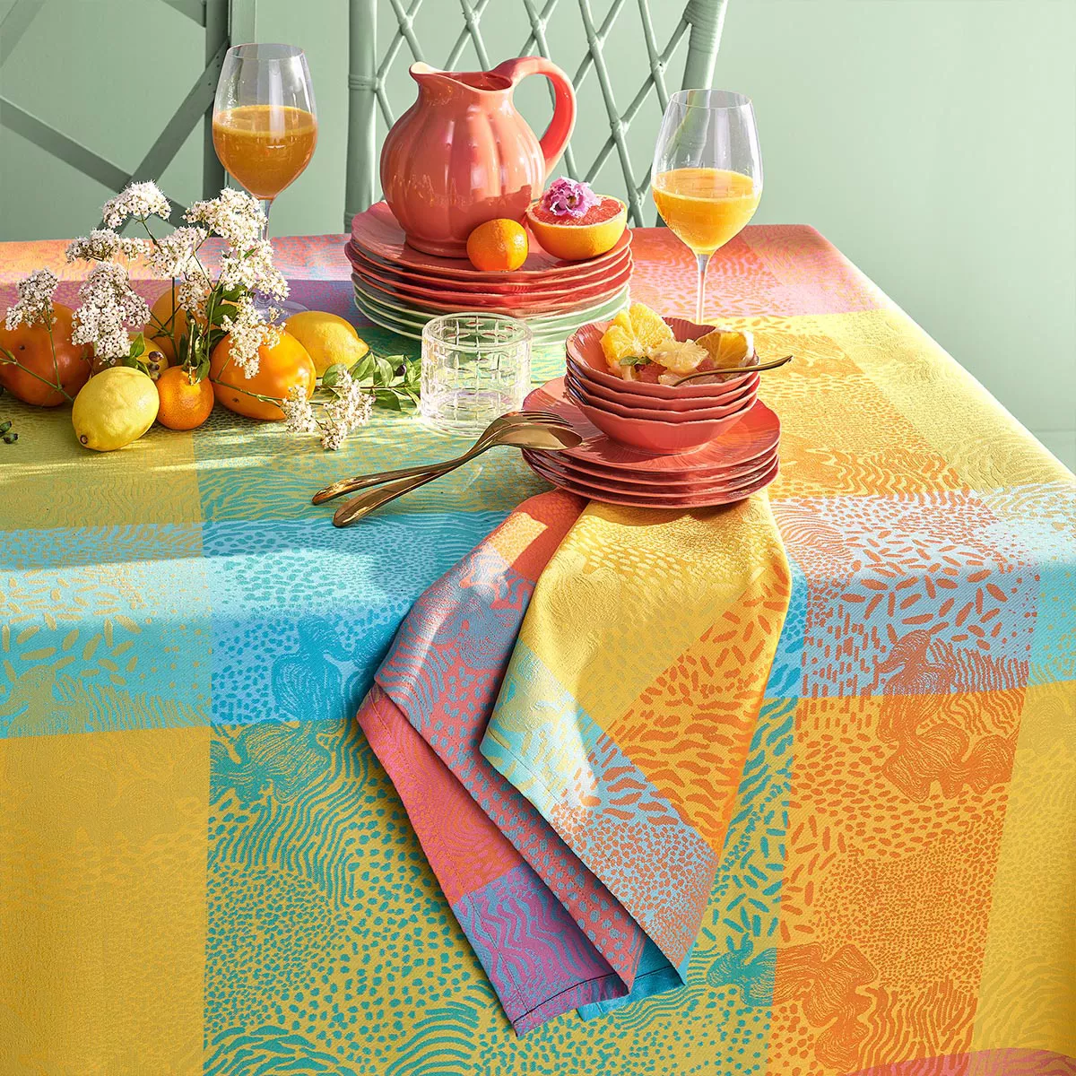 Serviette reine baumwolle jacquard-muster orange blau gelb Mille vagues exotique