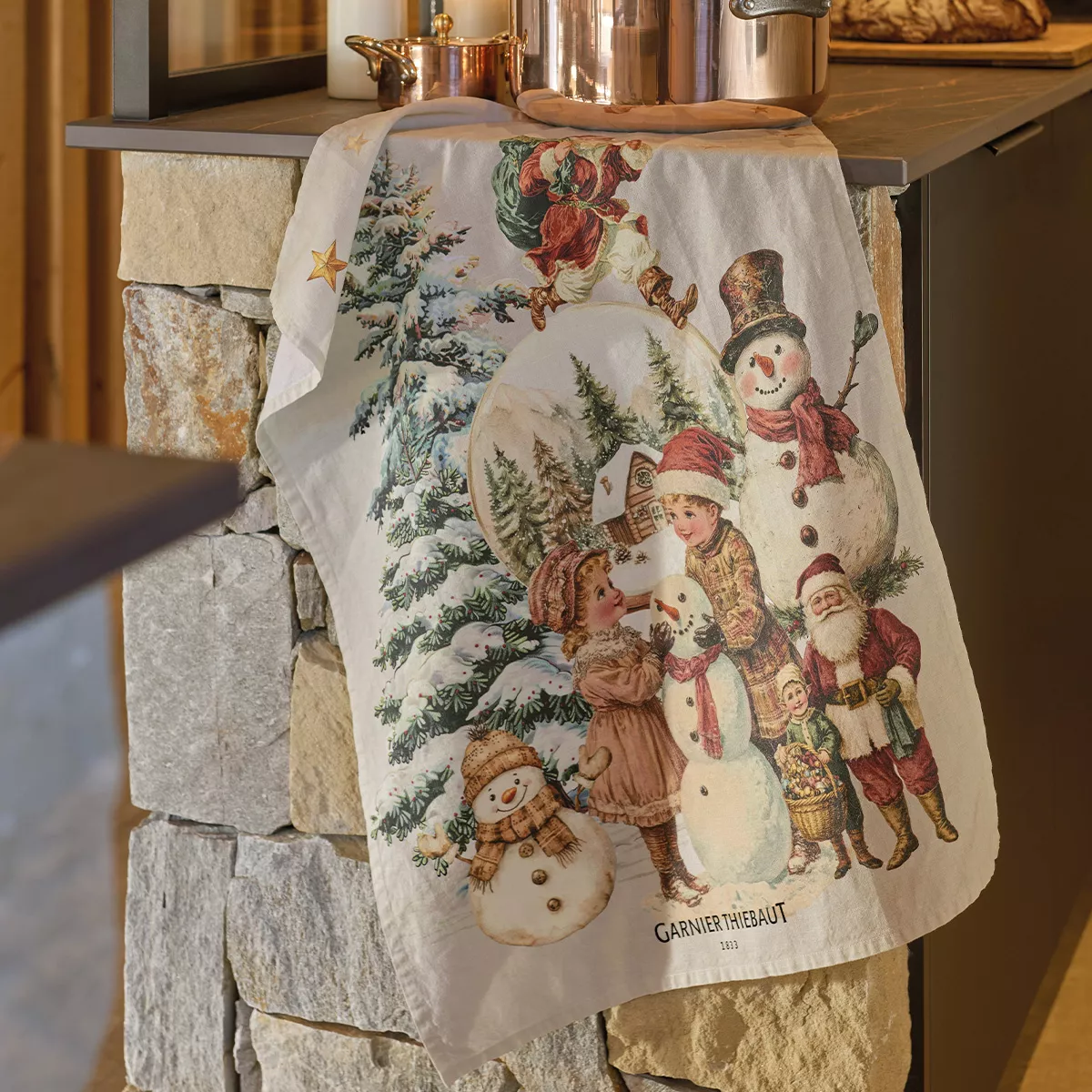 Geschirrtücher halbleinen vorgewaschen 190 g/m² bedruckt rot grün Bonhommes de neige vintage