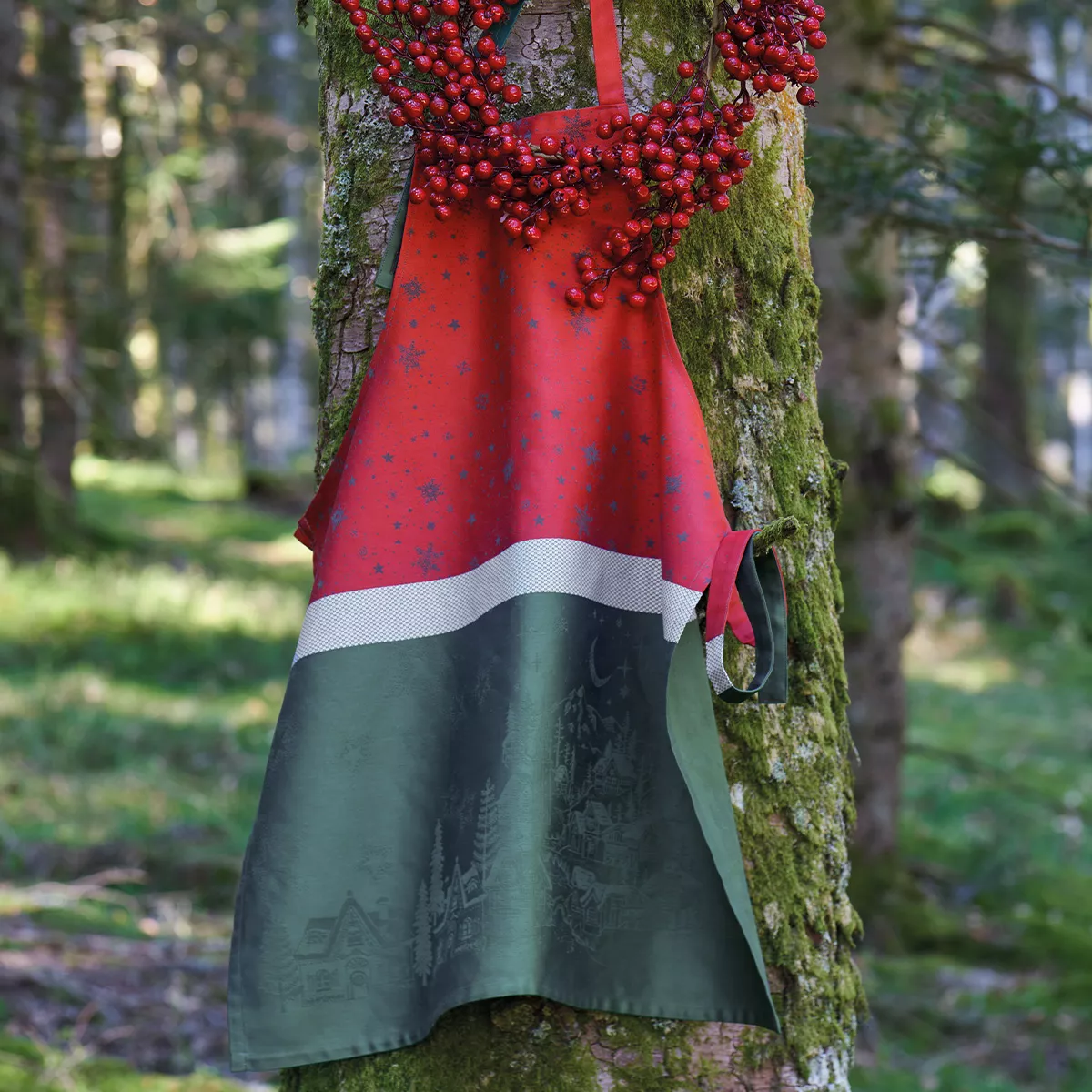 Schürze reine baumwolle fleckenschutz 220 g/m² jacquard-muster rot grün Noel magique houx