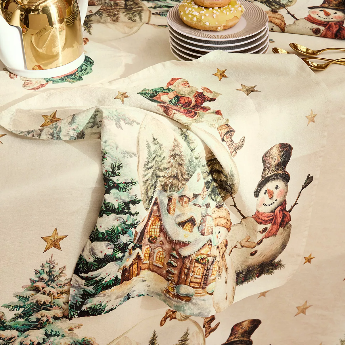 Serviette halbleinen vorgewaschen 150 g/m² bedruckt rot grün Bonhommes de neige vintage