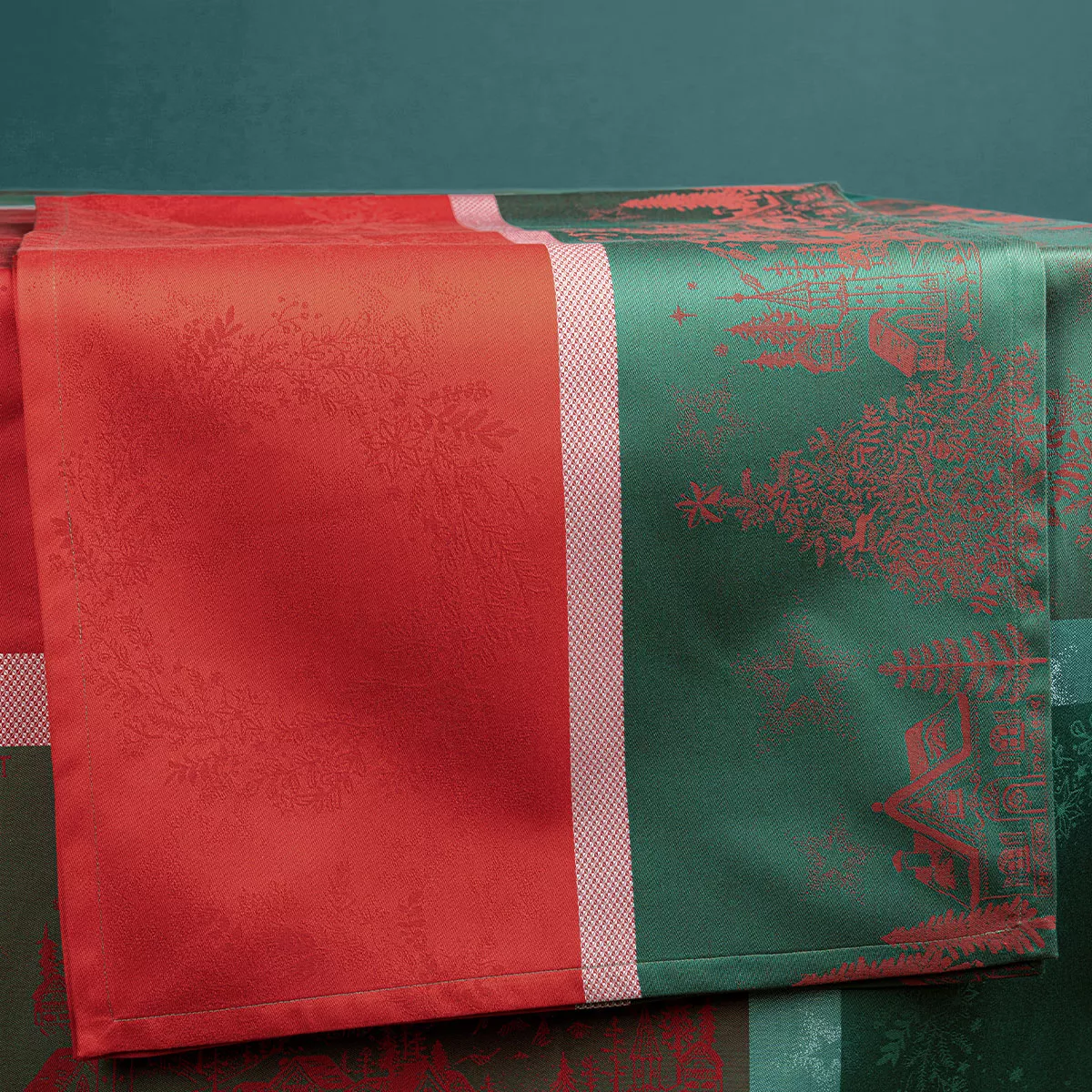 Tischläufer reine baumwolle fleckenschutz 220 g/m² jacquard-muster rot grün Noel magique houx