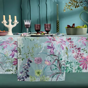Tischläufer halbleinen vorgewaschen 150 g/m² bedruckt blau violett Ombres boisees givre