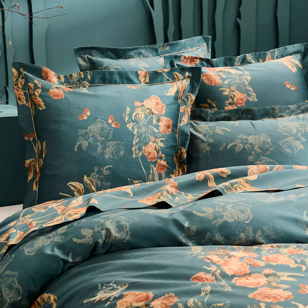 Kopfkissenbezug baumwollsatin 115 g/m² bedruckt grün orange Roses d'automne vert anglais