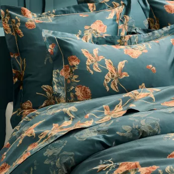 Bettlaken baumwollsatin 115 g/m² bedruckt grün orange Roses d'automne vert anglais