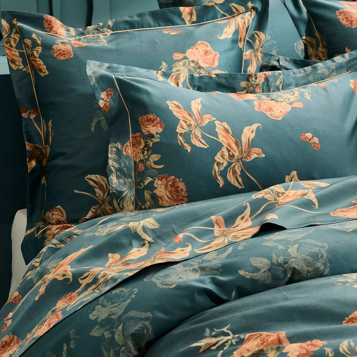 Bettlaken baumwollsatin 115 g/m² bedruckt grün orange Roses d'automne vert anglais
