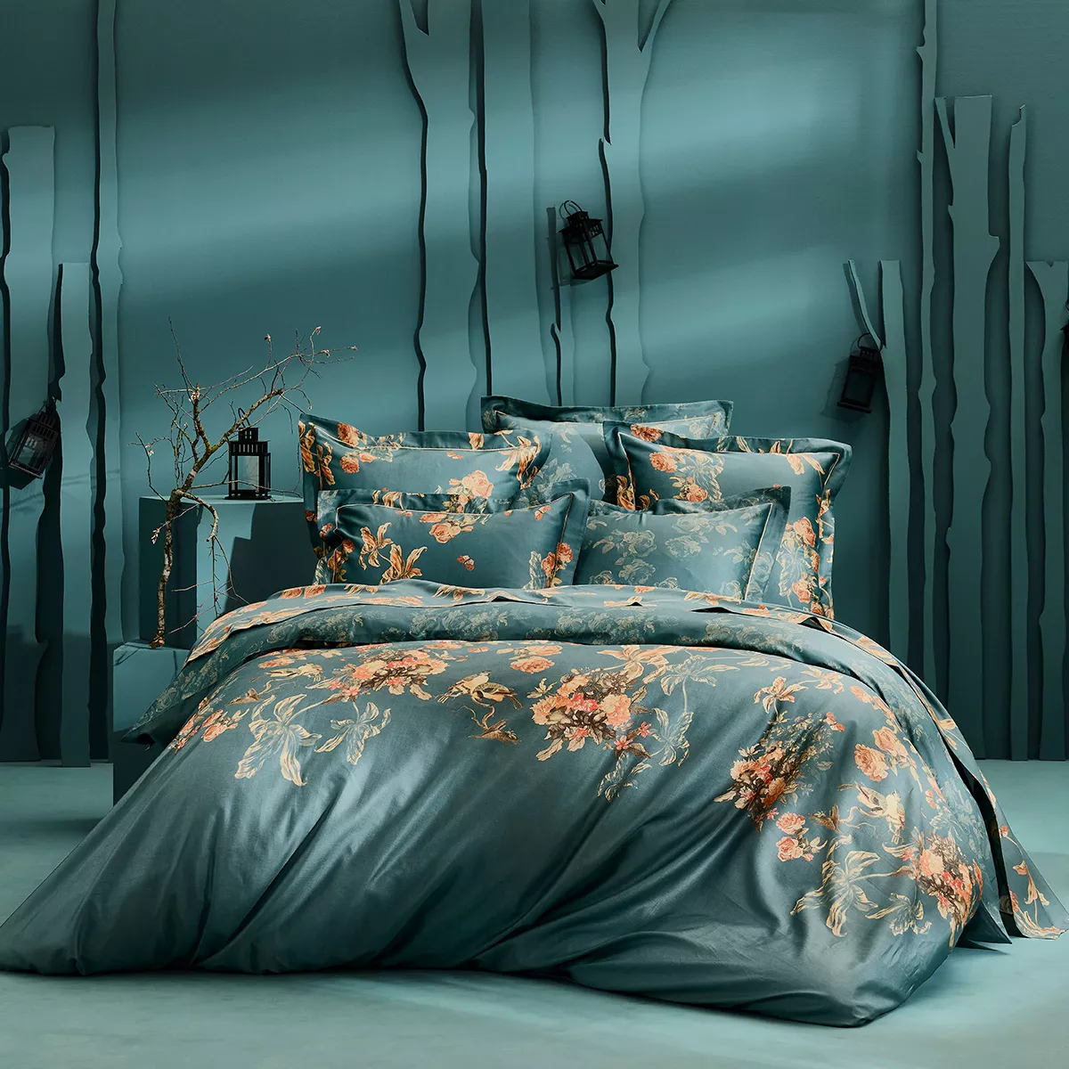 Bettwäsche set baumwollsatin bedruckt grün orange Roses d'automne vert anglais