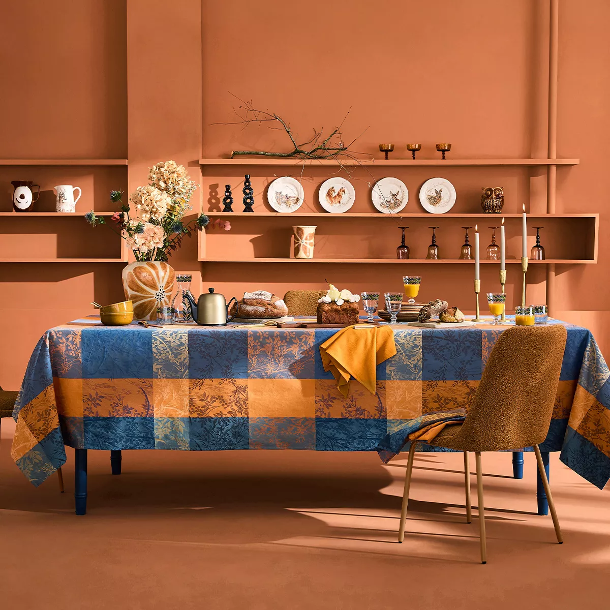 Tischwäsche set reine baumwolle 220 g/m² jacquard-muster blau braun Mille branchages crepuscule