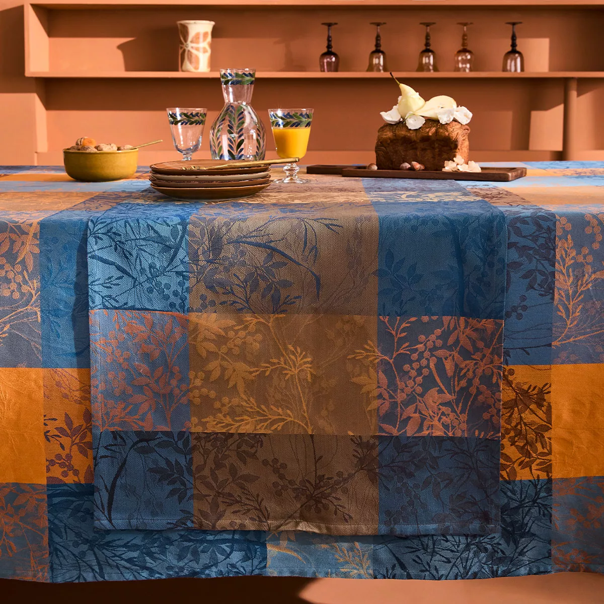 Tischläufer reine baumwolle 220 g/m² jacquard-muster blau braun Mille branchages crepuscule