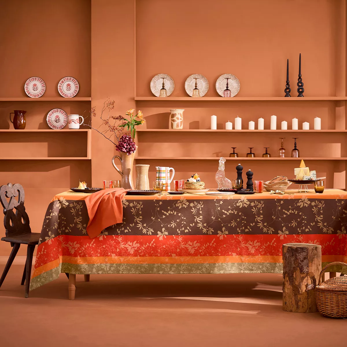 Tischdecke reine baumwolle 220 g/m² jacquard-muster orange kastanienbraun Mille lierres automne