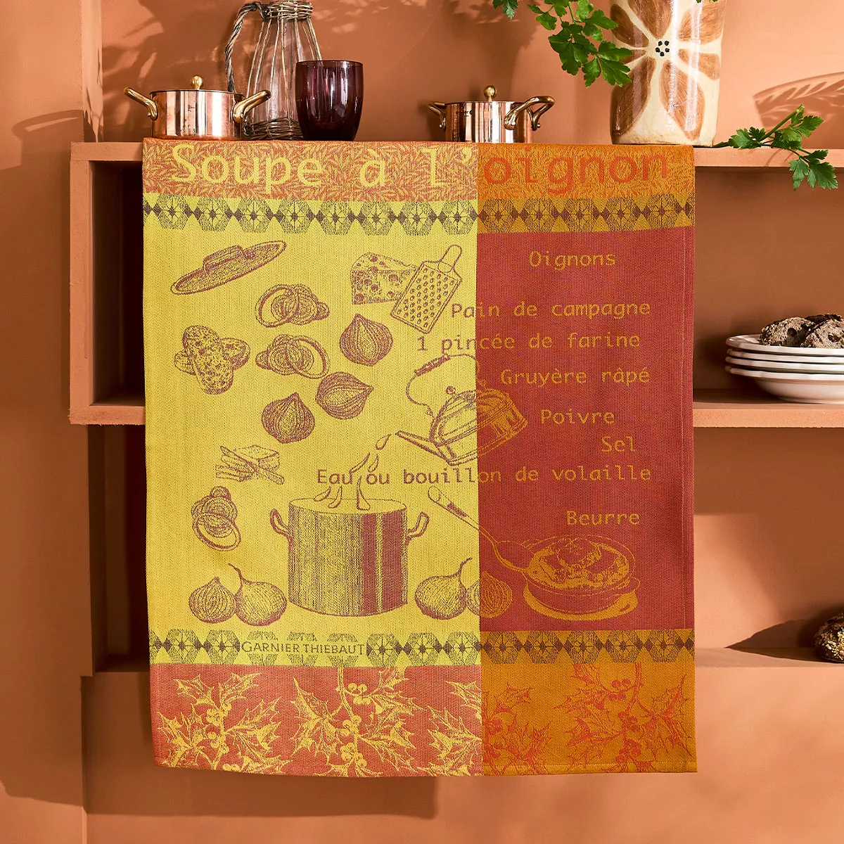 Geschirrtücher reine baumwolle jacquard-muster winrot orange Soupe a l'oignon rouille