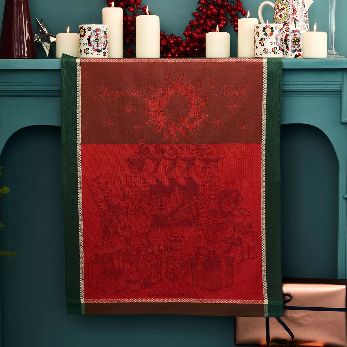 Geschirrtücher reine baumwolle jacquard-muster grün rot Les cadeaux de noel houx