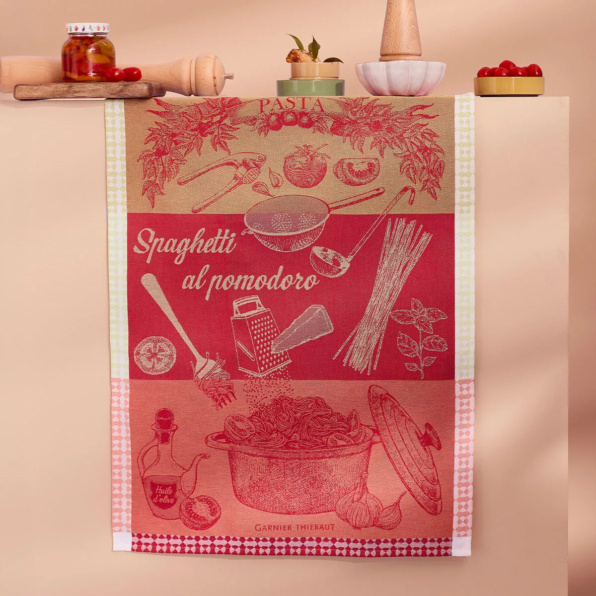 Geschirrtücher reine baumwolle jacquard-muster grün rot Spaghetti pomodoro basilic