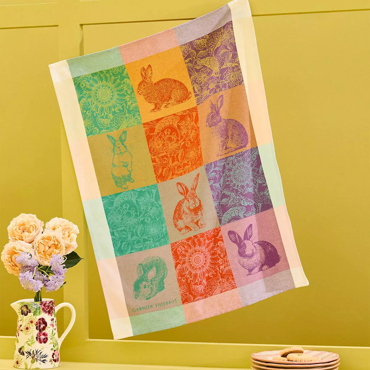 Geschirrtücher reine baumwolle jacquard-muster blau rosa Les lapins printemps