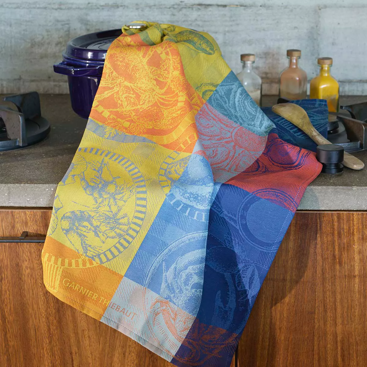 Geschirrtücher reine baumwolle jacquard-muster blau gelb Sea food citronne