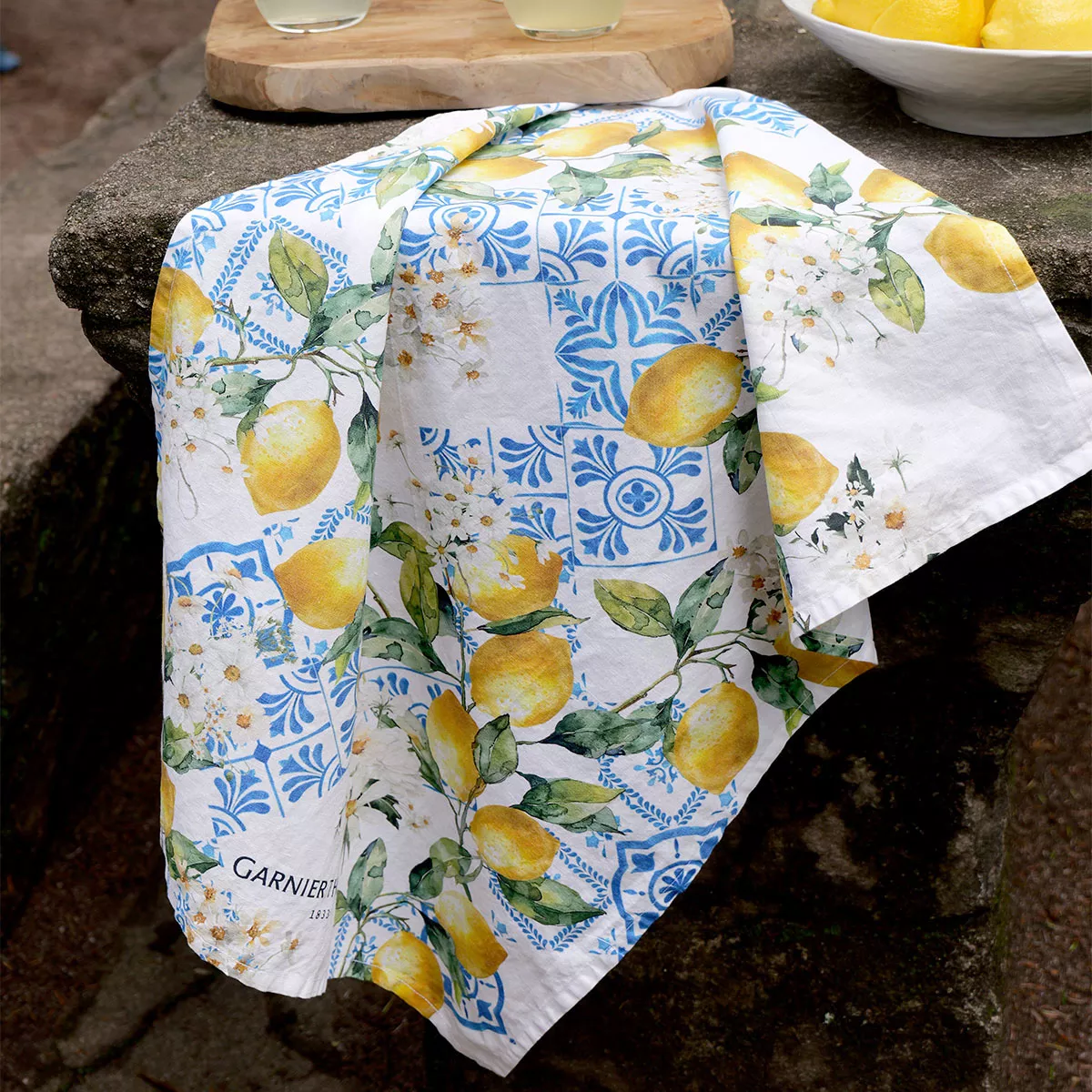 Geschirrtücher halbleinen vorgewaschen 190 g/m² bedruckt blau gelb Citrons azulejos bleu