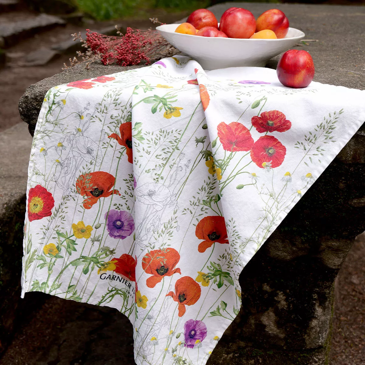 Geschirrtücher halbleinen vorgewaschen 190 g/m² bedruckt rot violett Les coquelicots violet