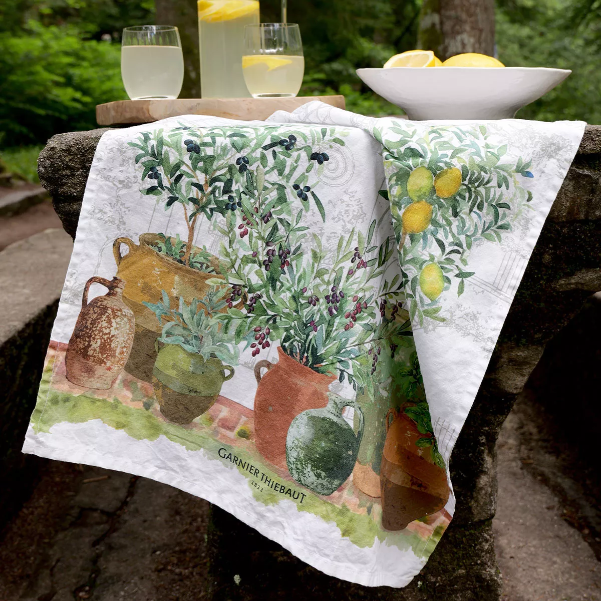 Geschirrtücher halbleinen vorgewaschen 190 g/m² bedruckt grün kastanienbraun Jardin provencal olive