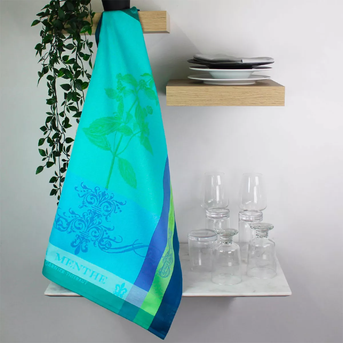 Geschirrtücher reine baumwolle jacquard-muster blau grün Brin de menthe chlorophylle
