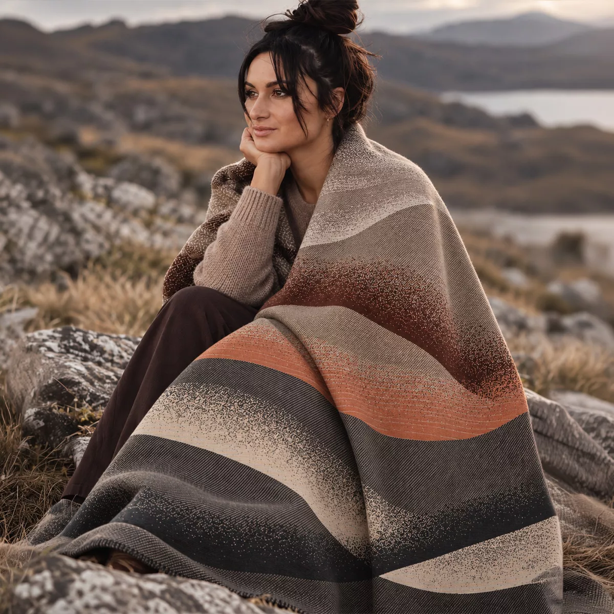 Plaid baumwollmischung 415 g/m² jacquard-muster grau orange Sea waves brique