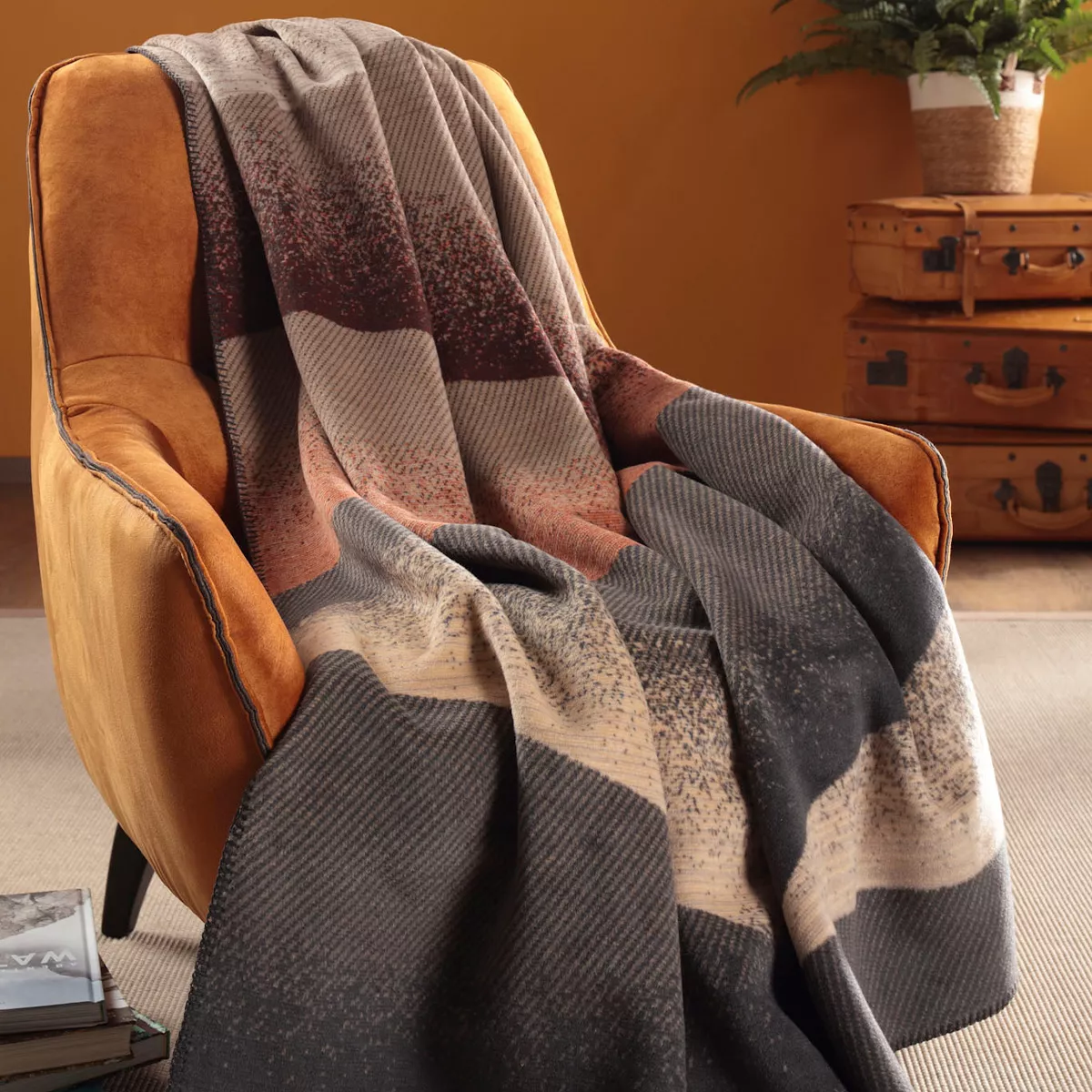 Plaid baumwollmischung 415 g/m² jacquard-muster grau orange Sea waves brique