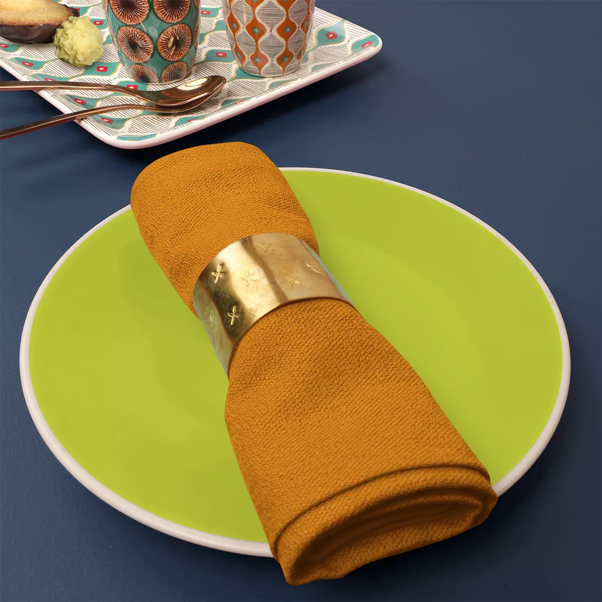 Serviette reine baumwolle jacquard-muster gelb orange Bastide ocre
