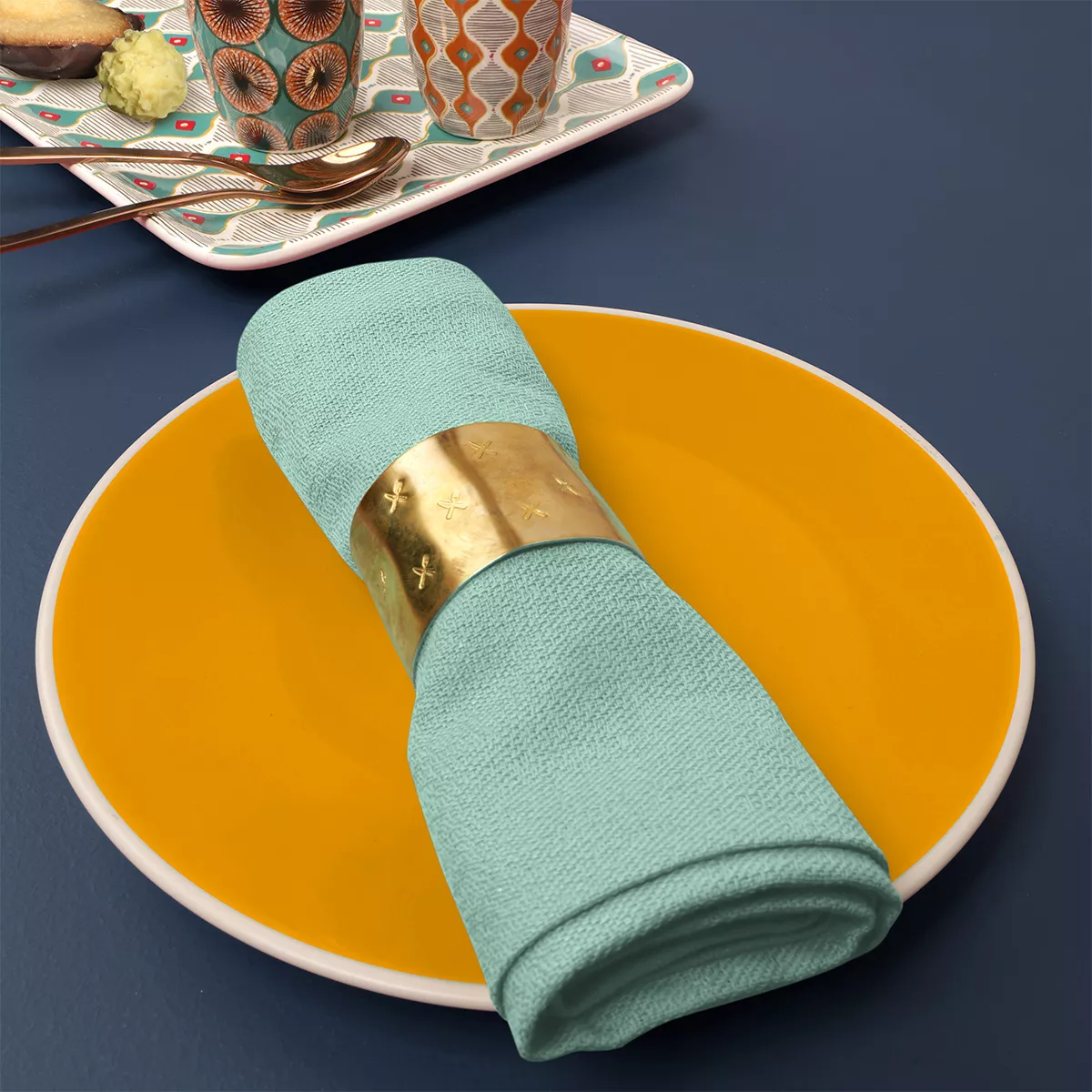 Serviette reine baumwolle jacquard-muster blau Bastide azur