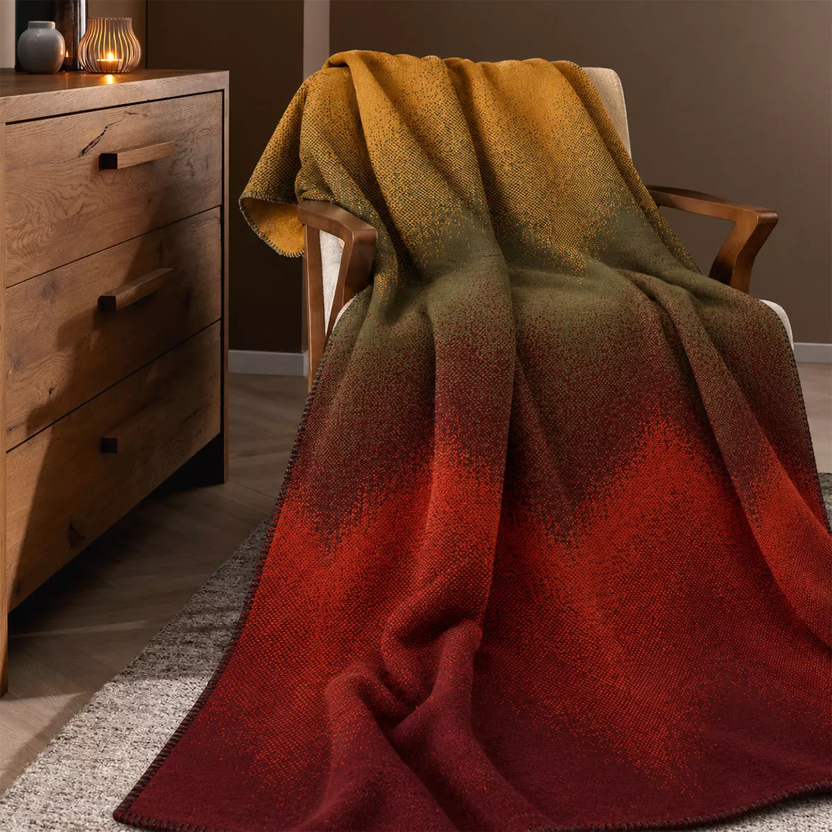 Plaid baumwollmischung 415 g/m² jacquard-muster gelb rot Wavy feuillage