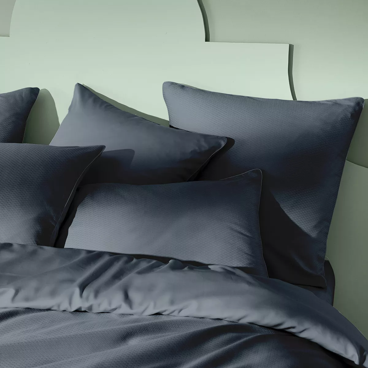 Kopfkissenbezug baumwollsatin jacquard-muster blau Vibrato bleu nuit