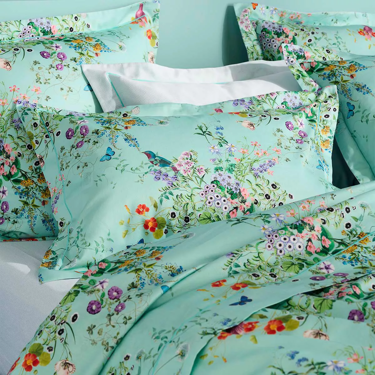 Kopfkissenbezug baumwollsatin 115 g/m² bedruckt blau grün Le printemps azur