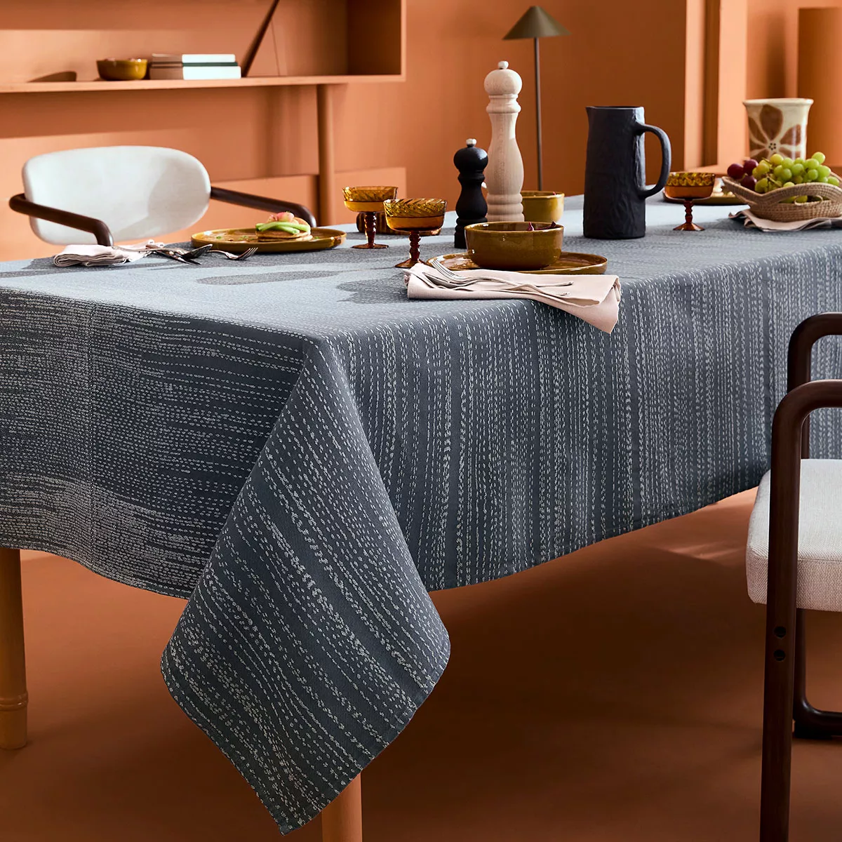 Tischdecke reine baumwolle vorgewaschen jacquard-muster beige blau Cascades mineral