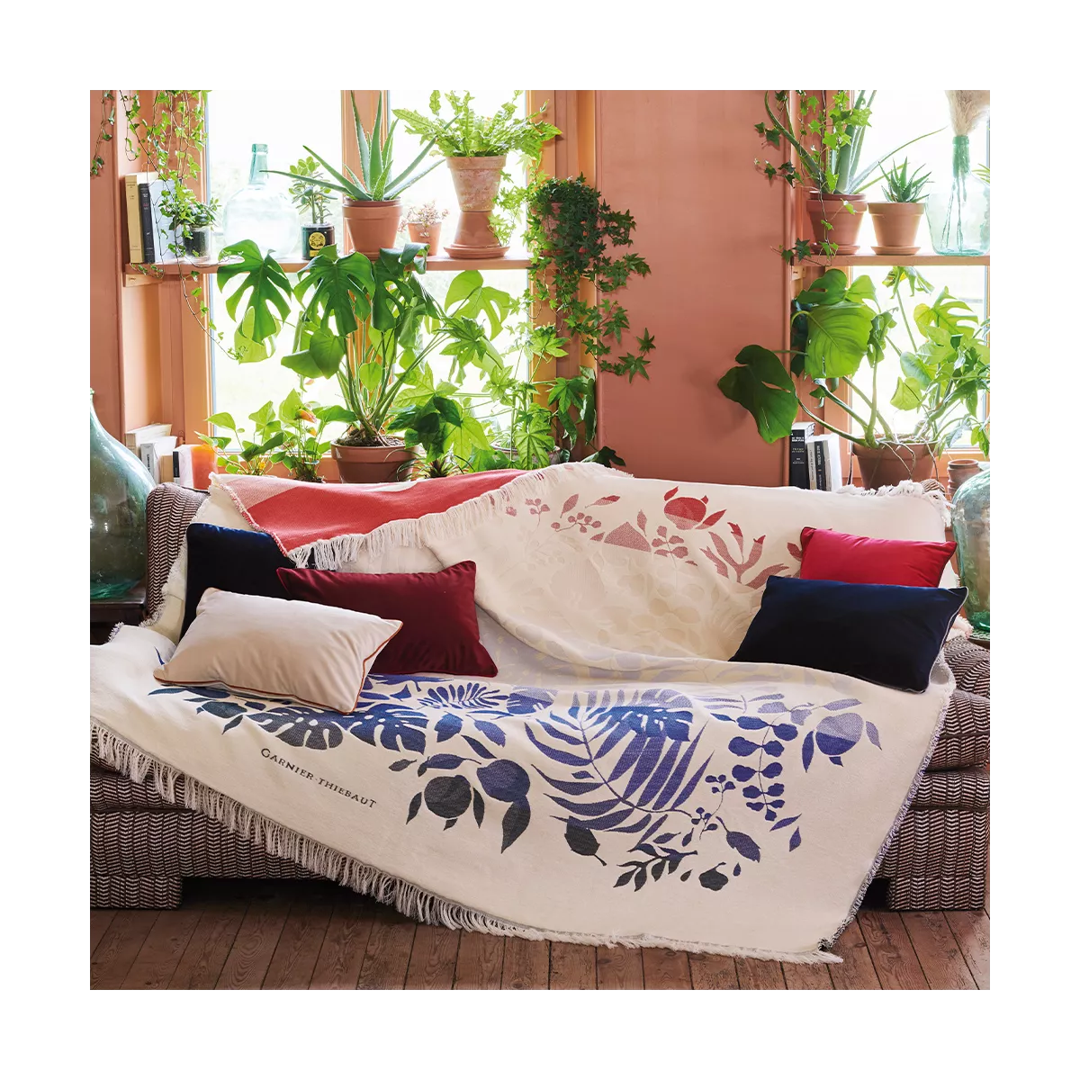 Jete de canape reine baumwolle jacquard-muster blau rot Tangerine pampa