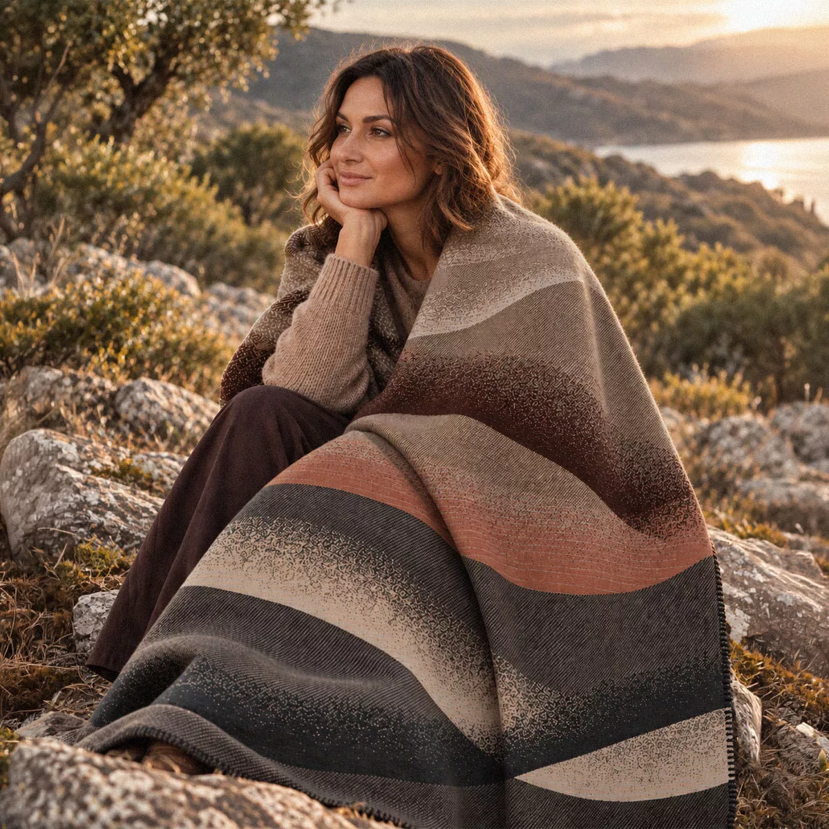 Plaid baumwollmischung 415 g/m² jacquard-muster grau orange Sea waves brique