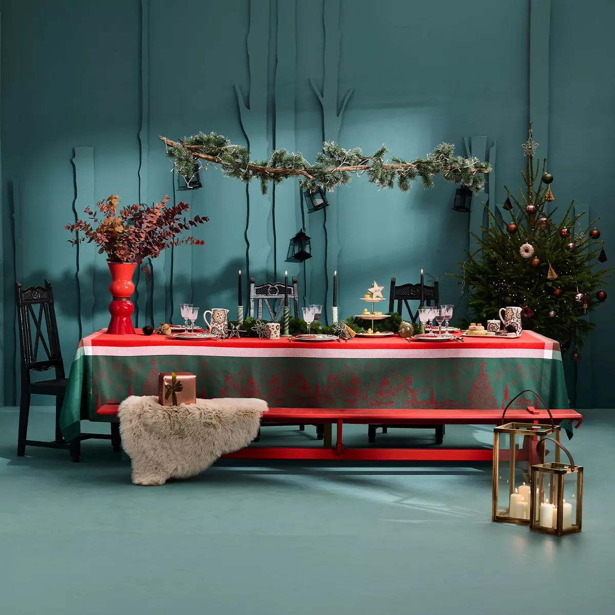 Tischdecke reine baumwolle fleckenschutz 220 g/m² jacquard-muster grün rot Noel magique houx