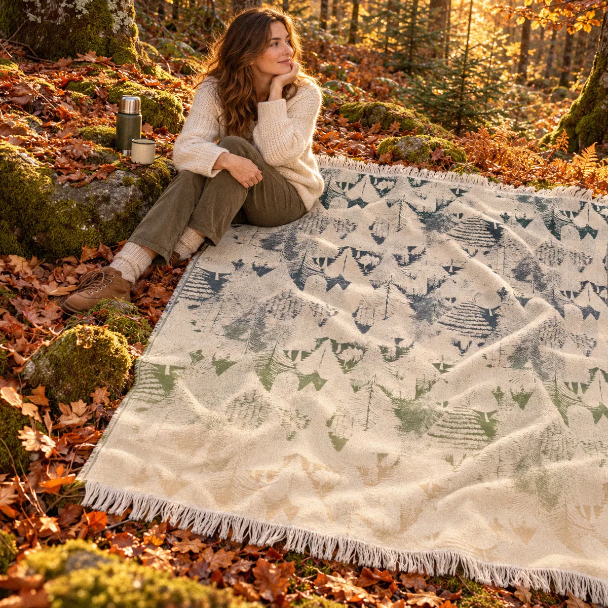 Jete de canape reine baumwolle 420 g/m² jacquard-muster grün rohe Foret de neige sapin